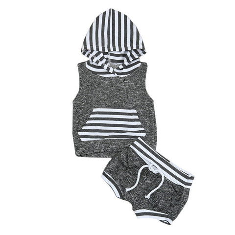 2017 Babies kids Striped Casual Hooded Clothing Set Summer Infant Baby Boy Kid Outfits Clothes Hoodie Vest Tops+Pants 2pcs Set