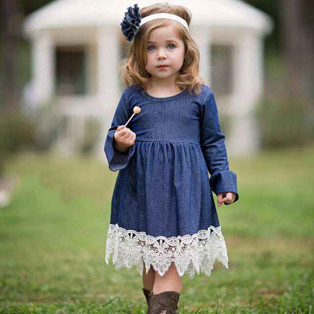 2018 Spring Girls Princess Dress Children Clothing Denim Lace Evening Dress Kids Long Sleeve Party Dresses Baby Girl Costume