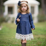 2018 Spring Girls Princess Dress Children Clothing Denim Lace Evening Dress Kids Long Sleeve Party Dresses Baby Girl Costume