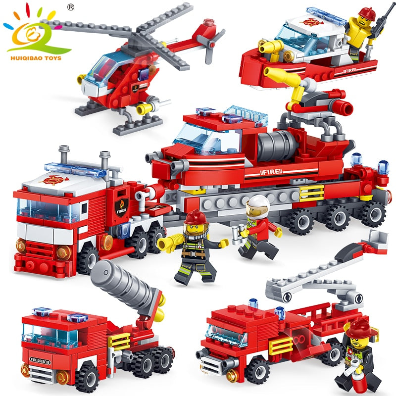 348pcs Fire Fighting 4in1 Trucks Car Helicopter Boat Building Blocks Compatible legoingly city Firefighter figures children Toys