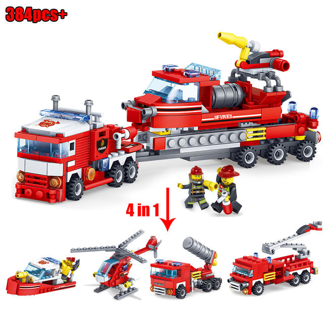 348pcs Fire Fighting 4in1 Trucks Car Helicopter Boat Building Blocks Compatible legoingly city Firefighter figures children Toys